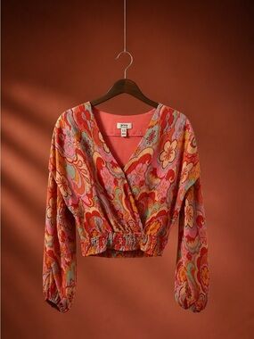 privy Retro Floral Cropped Blouse in Coral, Pink and Yellow